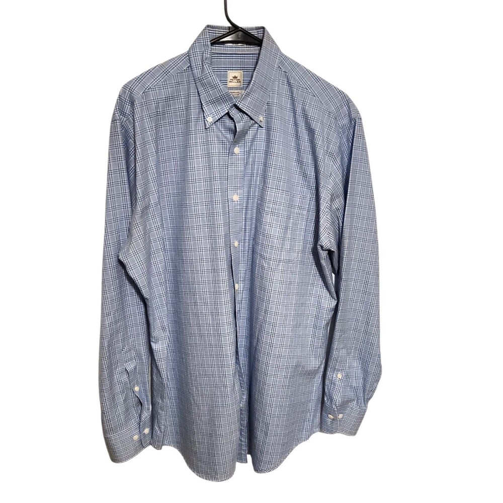 Peter Millar Nanoluxe Button Down Shirt Long Sleeves Blue White Plaid Mens Large